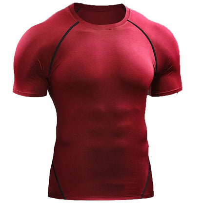 VELOX elastisk sports t-shirt til mænd — rød med sorte streger — træning og løb
